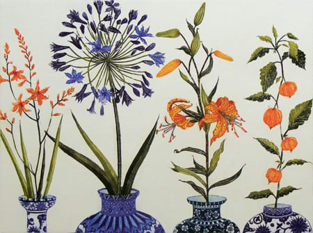 Jean Bardon Montbretia, Agapanthus, Tiger Lily and Chinese Lanterns etching image 34 x 45.5cm, frame 56 x 66cm