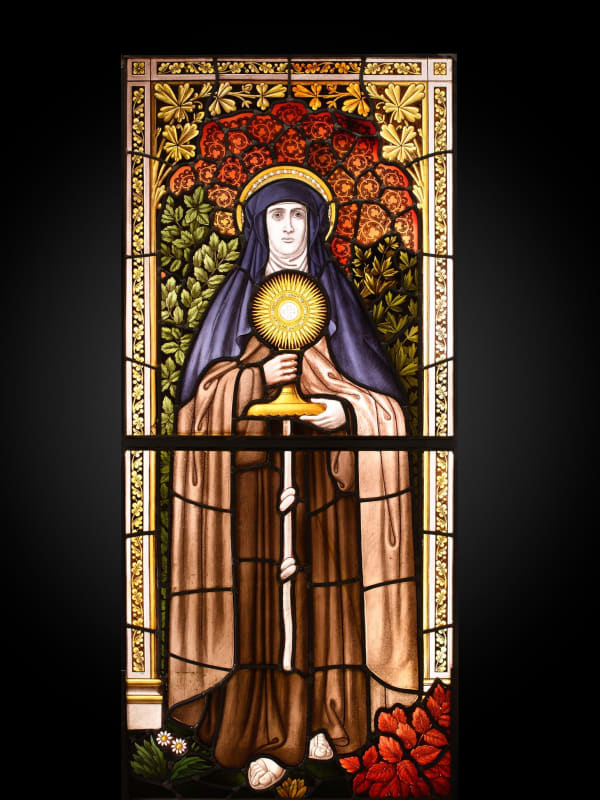 19th C, Neo-Gothic Stained-Glass Window with St Clare of Assisi, Belgium stained glass 163 x 73 cm 64 1/8 x 28 3/4 in