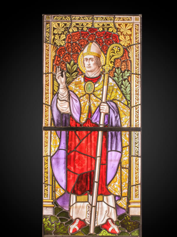 19th C, Neo-Gothic Stained-Glass Window with a Bishop Saint Blessing (Saint Nicholas of Bari?), Belgium stained glass 163 x 73 cm 64 1/8 x 28 3/4 in