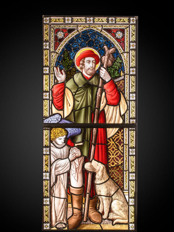 19th C Neo-Gothic Stained Glass Window with St Roch, Belgium, stained glass 163 x 73 cm 64 1/8 x 28 3/4 in