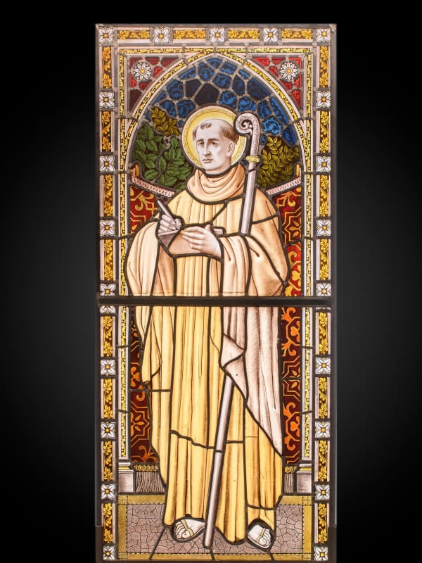 19th C Neo-Gothic Stained Glass Window with Bernard of Clairvaux, Belgium stained glass 163 x 73 cm 64 1/8 x 28 3/4 in