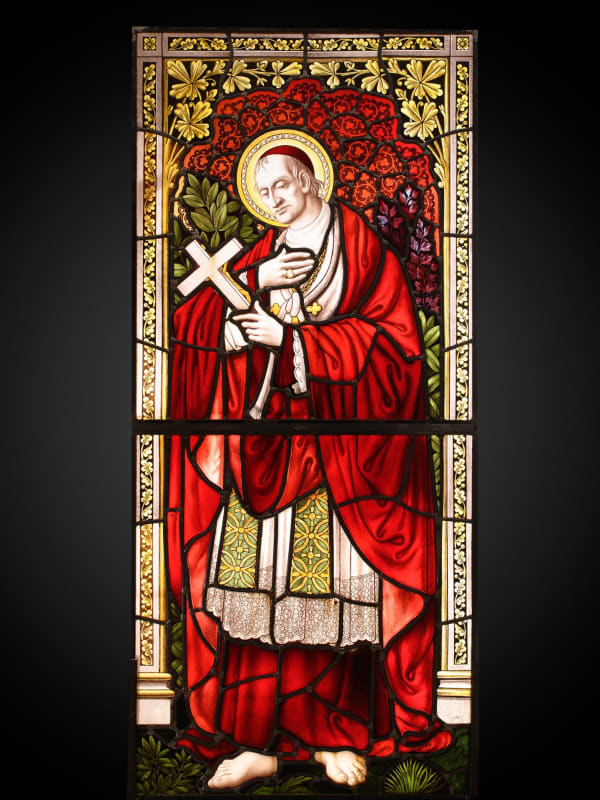19th C Neo-Gothic Stained Glass Window with Charles Borromeo, Belgium as part of a collection of eight stained glass windows stained glass 163 x 73 cm 64 1/8 x 28 3/4 in