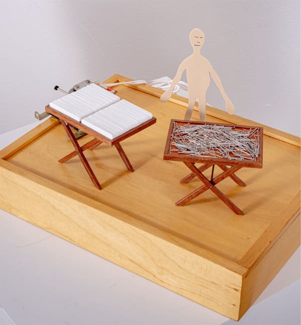 Cildo Meireles Camelô, 1998 1000 alfinetes, 1000 barbatanas, 1 boneco, caixa de madeira e motor - voltagem 110 dimensões variáveis