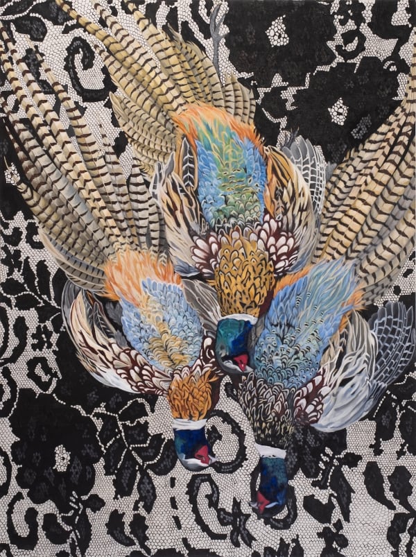 Ana Elisa Egreja Natureza-morta com 3 faisões sobre renda preta, 2008 óleo sobre tela 150 x 200 cm