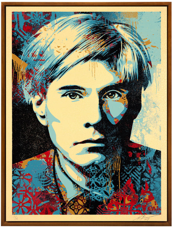 Portrait of Andy Warhol overlaid with a pattern