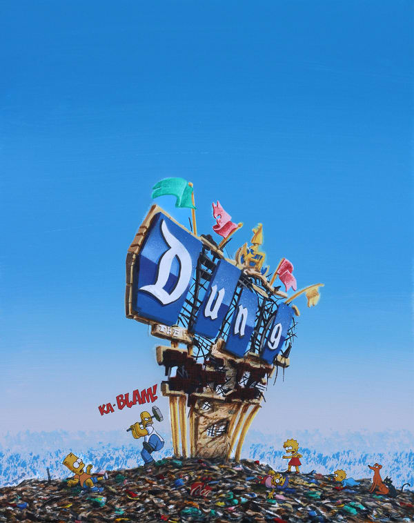 Jeff Gillette Disneyland Sign 'Dung', 2022 oil, acrylic, spraypaint and collage on canvas 20 x 16 in 50.8 x 40.6 cm