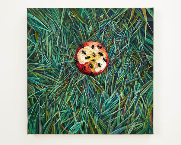 N Dyer painting of detailed grass with apple, a bit has been taken out of it and ants crawl on it