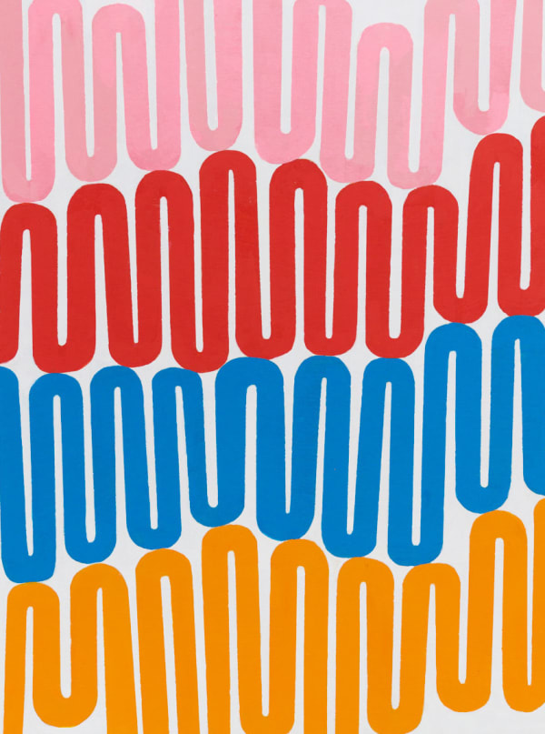 Abstract painting of curved lines in orange, blue, red and pink on a white background