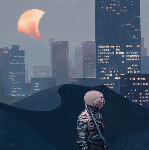 a person in an astronaut suit in front of a sand dune and cityscape at night