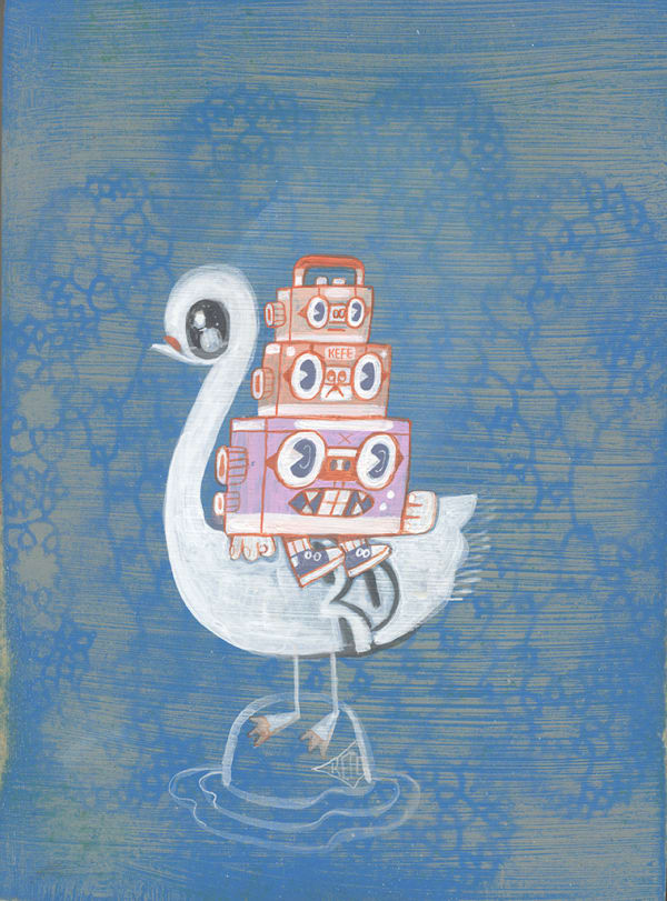 KeFe Swan Song, 2025 acrylic on panel with spray paint 10 3/4 x 8 in 27.3 x 20.3 cm