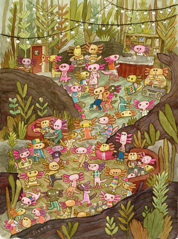 a party of axolotls on roller skates
