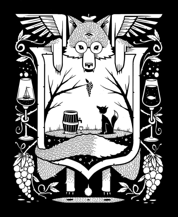 Black and white illustration of a crest like composition depicting a fox, bunches of grapes, bottles of wine, and a silhouette of a wine barrel and a fox glancing at dangling bunch of grapes hanging from a bare tree by artist Jeremy Fish
