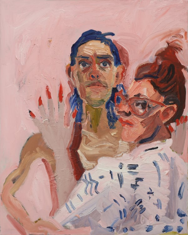 Portrait of the artist, Emilio Villalba, and a woman wearing glasses with her back towards the viewer and her face looking over her shoulder wearing red glasses and bright red nail polish