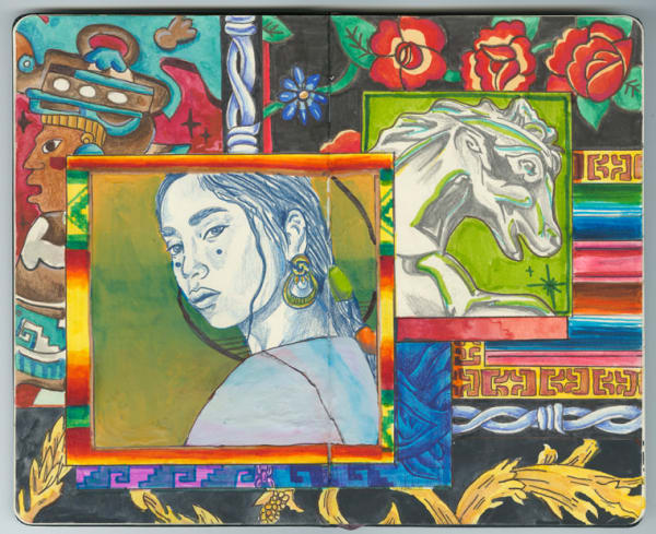 Collage painting featuring a white horse, red flowers, traditional stripped blanket, an Aztec figure, barbed wire and a golden leaf design.