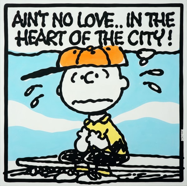 Mark Drew painting of Charlie Brown sitting on a curb