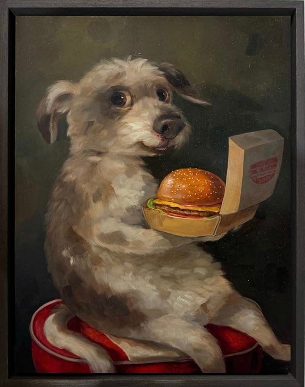 painting of a dog seated upright and holding a cheeseburger in a box