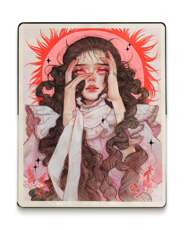 Painting of a woman holding her face with long, curly, brown hair drapped over a frilly white blouse and a large pink and red sun behind her.