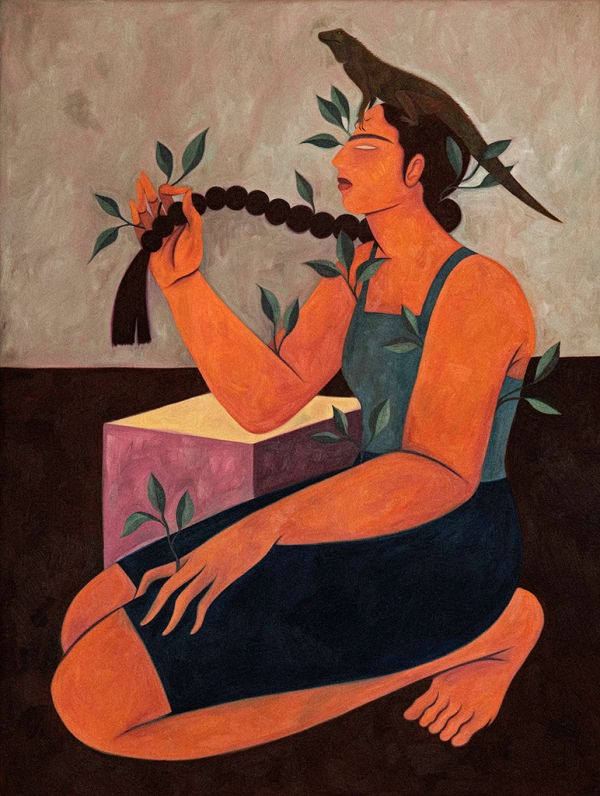 Hilda Palafox painting of woman with long braid and bird on head