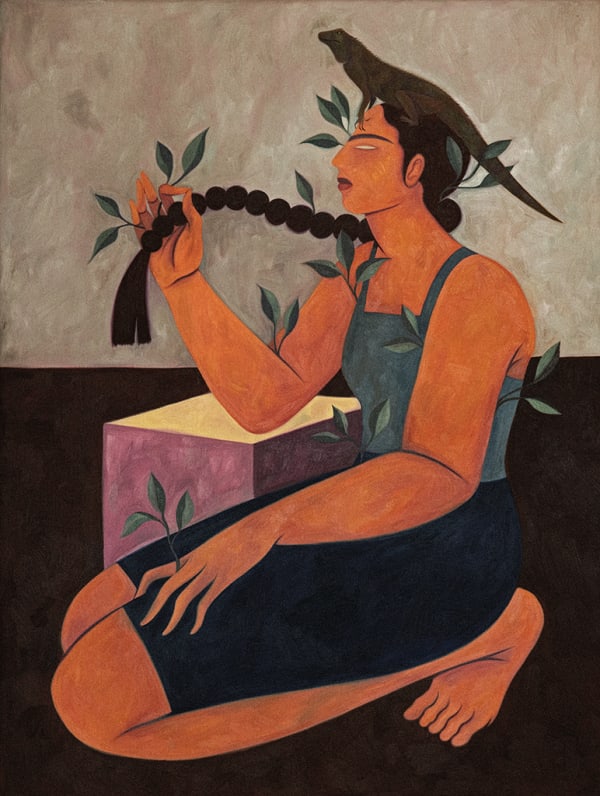 Hilda Palafox painting of woman with long braid and bird on head