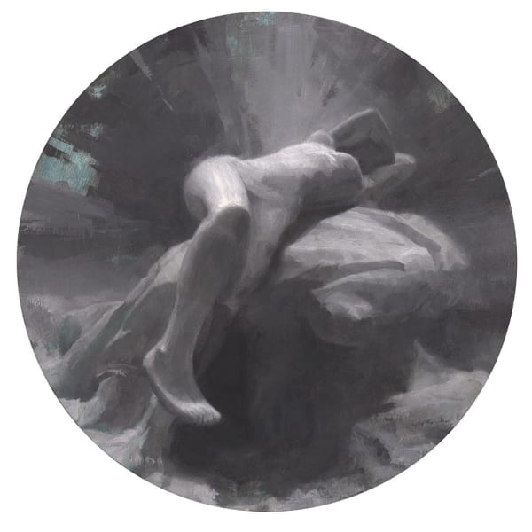 circular black and white painting of a nude woman leaning back on a rock