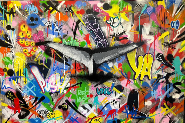 Martin Whatson To The Deep, 2022 stencil, spray paint and acrylic on canvas 31 1/2 x 47 1/4 in 80 x 120 cm