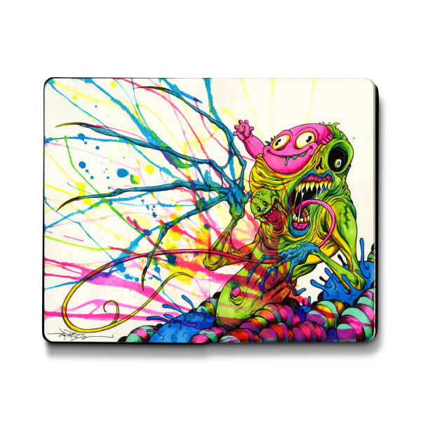 Painting of a mutated creature with a pink body coming out of its head and splashes of paint across it