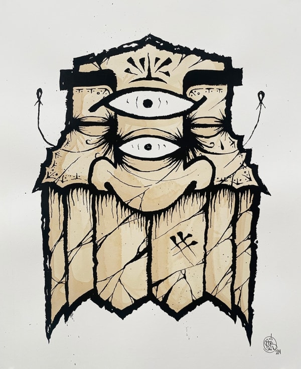 GATS character painted with coffee and ink on paper