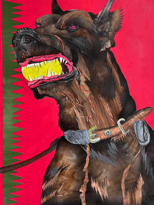 David Heo - collage on paper, a brown dog chewing on a yellow ball, vibrant red background and green grass grew vertically on the left side of the paper