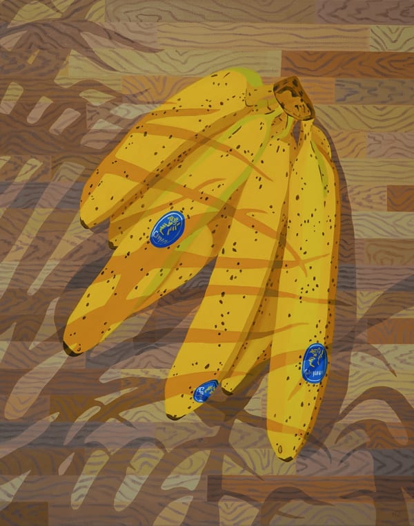 Natalia Juncadella - yellow speckled bananas sit on a wood grain floor or counter, shadows of plants extend across the lower left corner