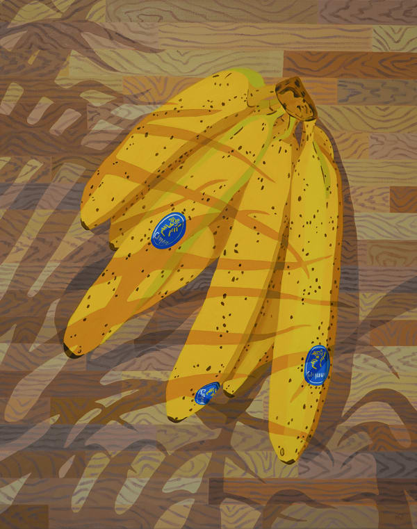 Natalia Juncadella - yellow speckled bananas sit on a wood grain floor or counter, shadows of plants extend across the lower left corner