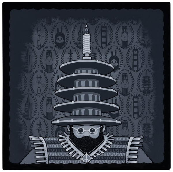 Painting of a man with a tower on his head by Jeremy Fish