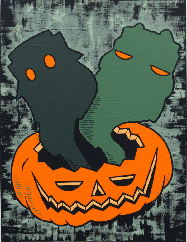Painting of a black and green ghost coming out of a carved pumpkin on a green and black background