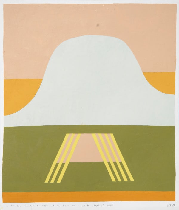 Kristin Texeira, a bamboo beaded curtain at the base of a white elephant hill, 2020