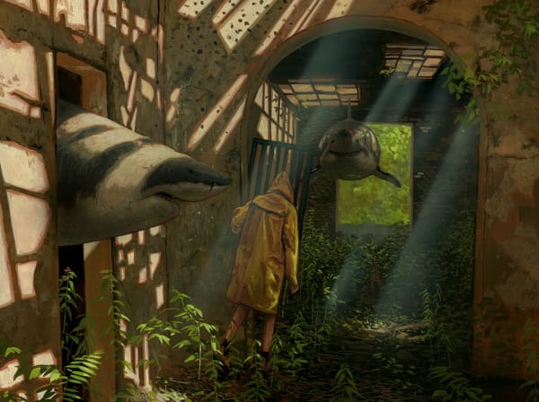 figure in a raincoat in an abandoned building surrounded by two sharks