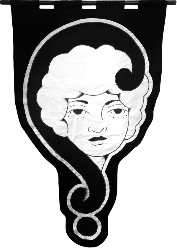 embroidered black and white banner of a woman's head with curve design to her left