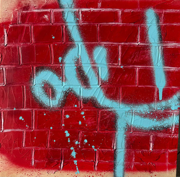 light blue robot outline against a red brick wall