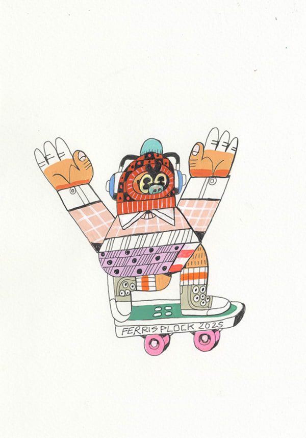 Ferris Plock Downhill Skate Club #9, 2025 ink and acrylic on paper, framed 10 x 7 in 25.4 x 17.8 cm