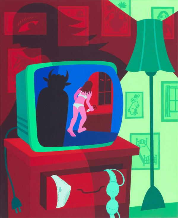 Woman in a tv set with back turned to the viewer as an ominous figure lurks behind her