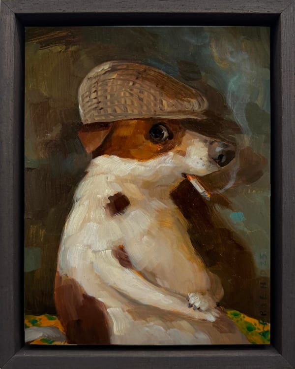 dog wearing a newsboy cap and smoking a cigarette