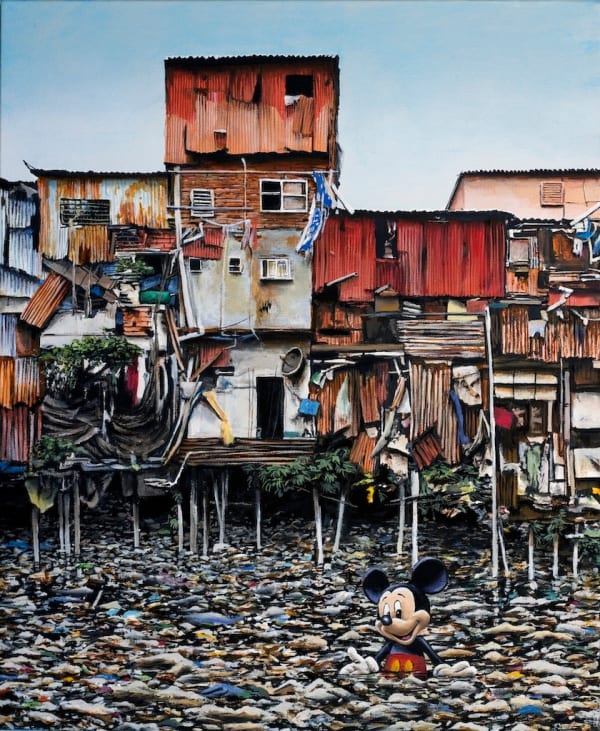Painting of ruins with Mickey Mouse submerged by trash