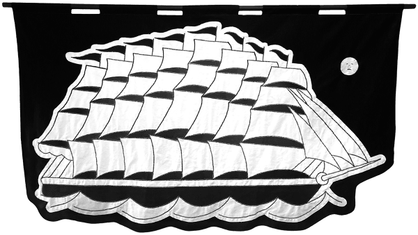 embroidered black and white banner of a ship with many sails