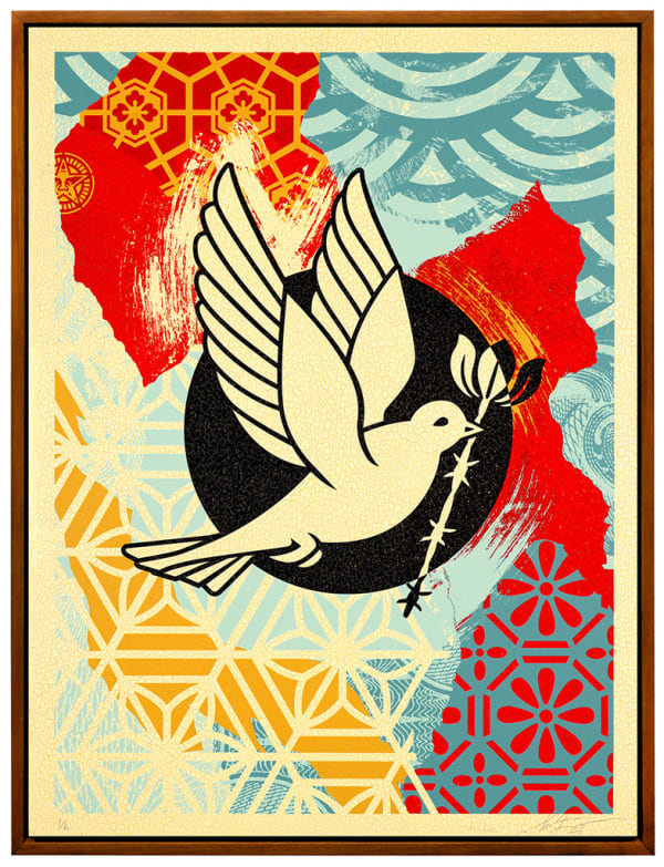 dove holding a brand flying through an abstracted red, yellow, and blue background with contrasting patterns