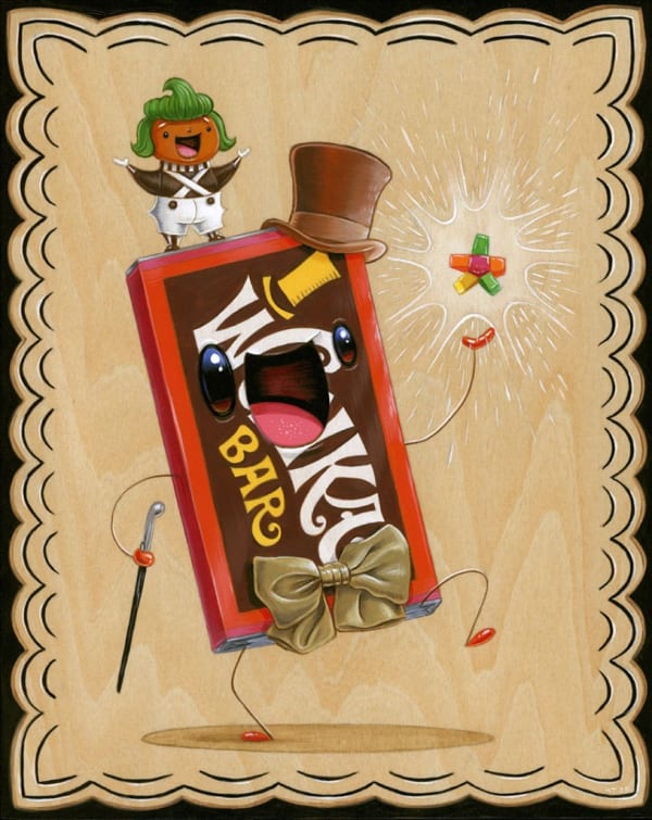 Painting of a willy wonka bar with other references to the movie around it