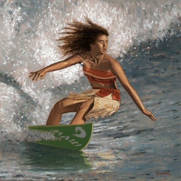 Painting of a woman surfing a wave on a green surfboard