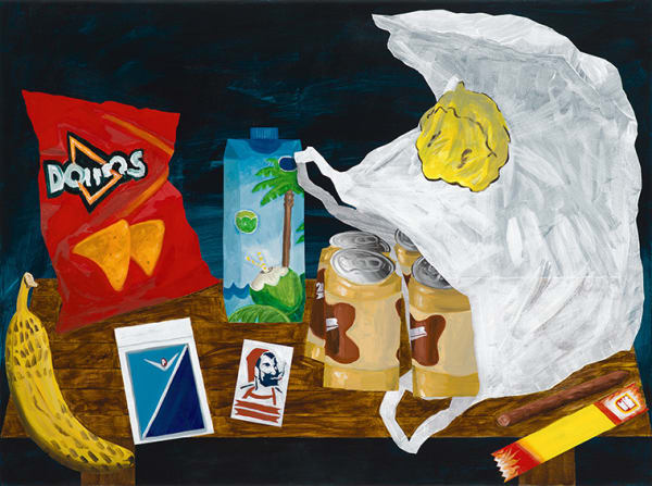 Nicholas Zirk "Bodega Cornucopia" oil and acrylic still life painting featuring an assortment of snacks and beers