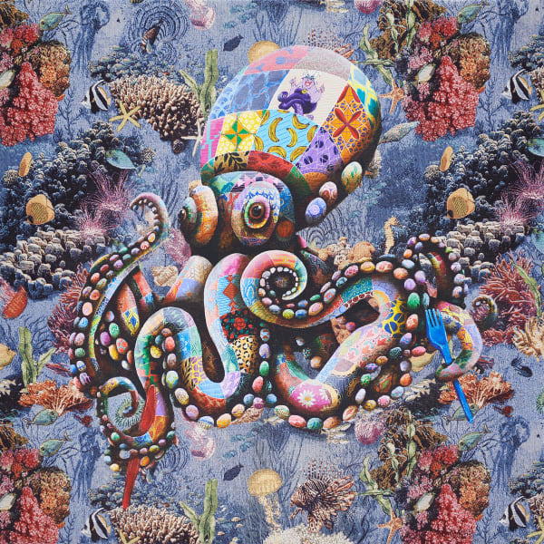 painting of an octopus holding plastic cutlery by Louis "Masai" Michel