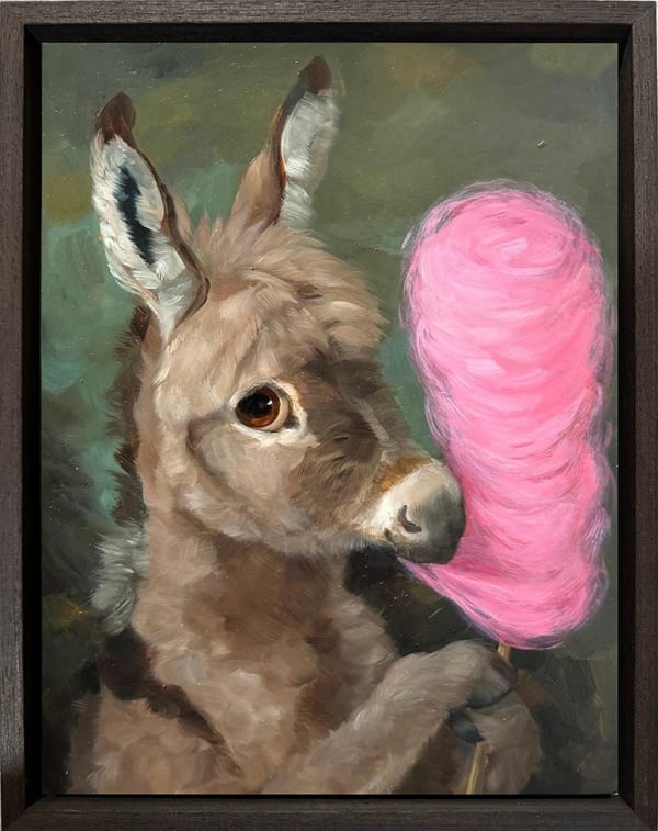 painting of a donkey seated upright and eating bright pink cotton candy on a stick