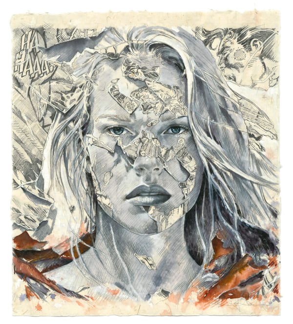 black and white portrait of a woman with torn pages flying of her face