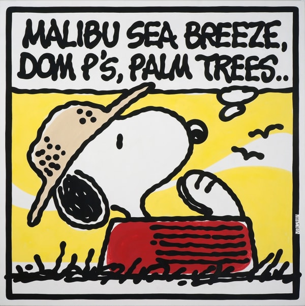 painting of cartoon snoopy sitting in his dog house with a thought bubble above his head filled with rap lyrics