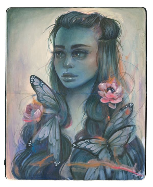 Painting of a woman with butterflies and flowers in her hair